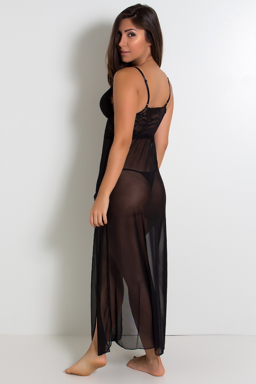 Camisola Longa de Tule com Detalhe em Renda (Preto) | Ref: KS-B237-002