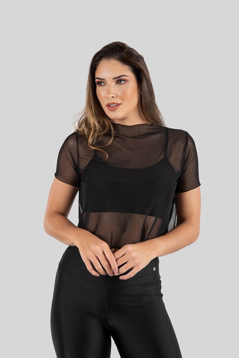 Cropped Camiseta de Tule (Preto)  Ref K3206-B