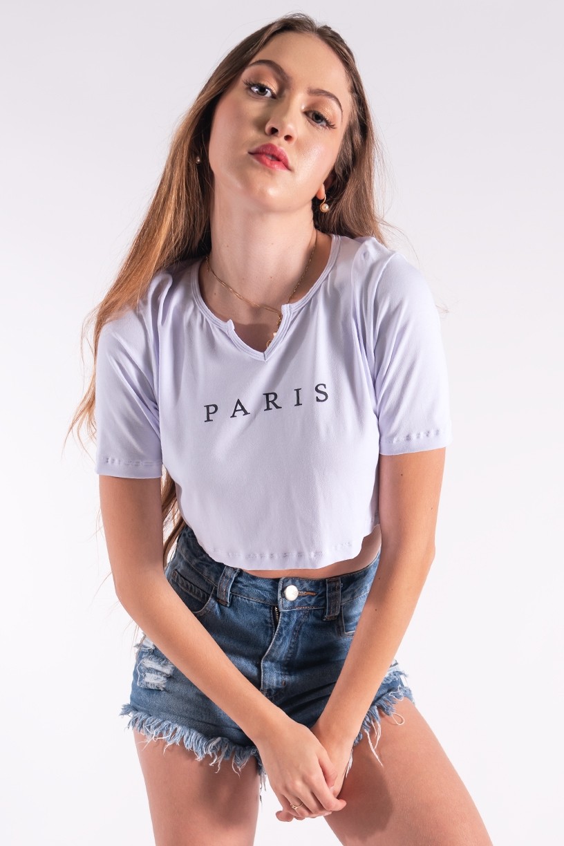 Cropped com Decote em V com Silk Paris (Branco) | Ref: K2861-B