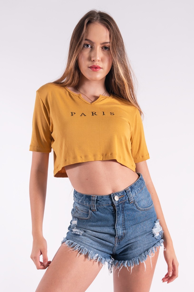 Cropped com Decote em V com Silk Paris (Mostarda) | Ref: K2861-G