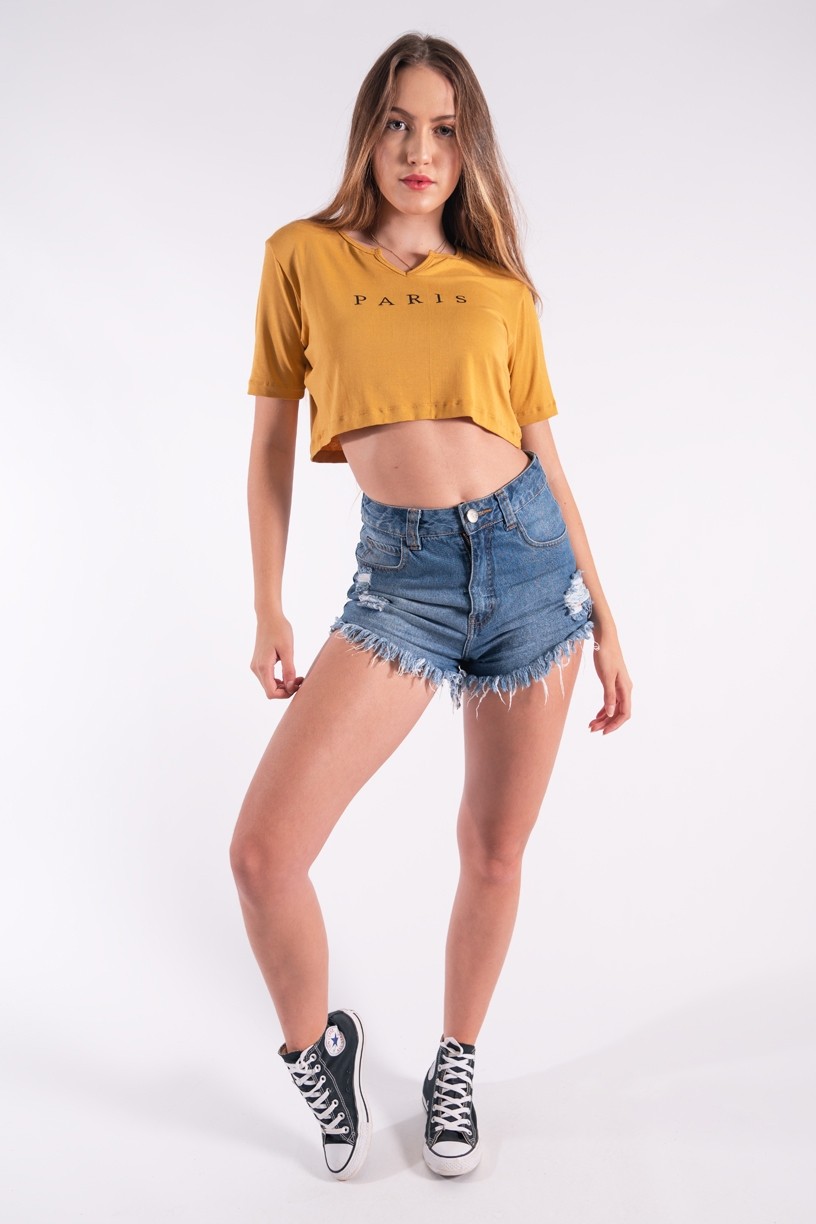 Cropped com Decote em V com Silk Paris (Mostarda) | Ref: K2861-G