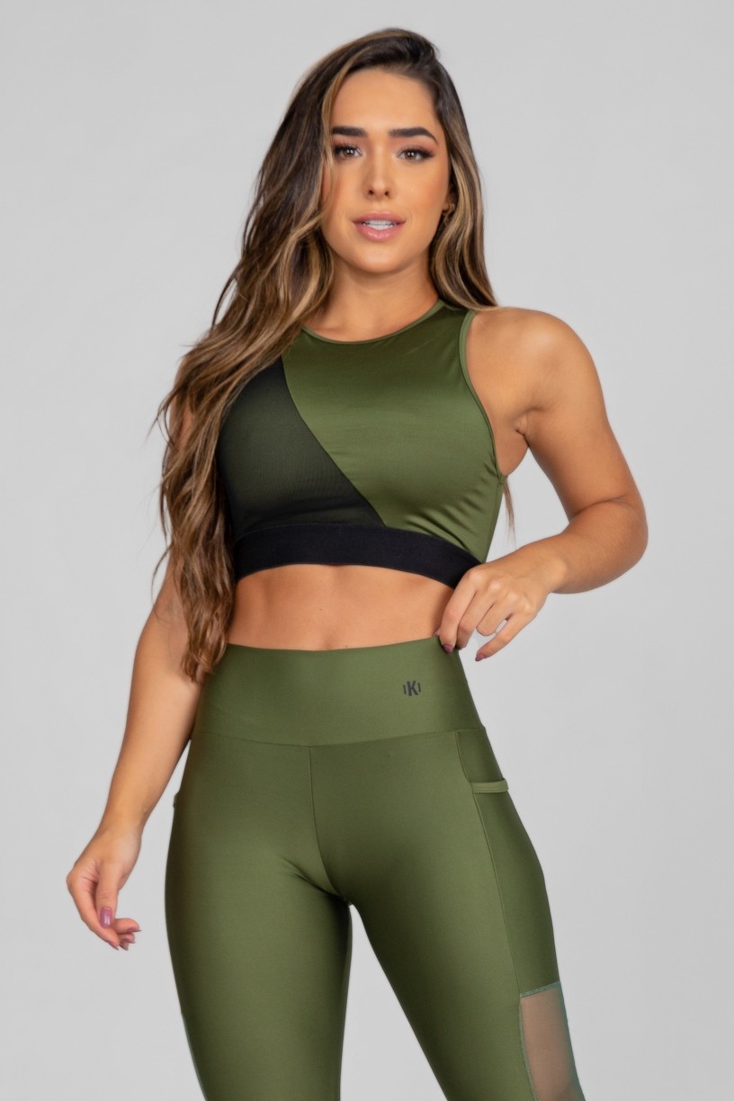 Cropped com Recorte Diagonal e Tule (Verde Militar / Preto) | Ref: K2891-E