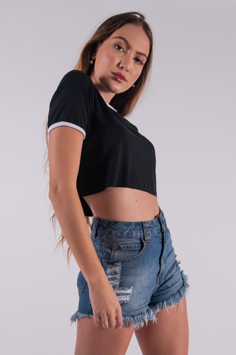 Cropped Duas Cores com Silk Planets (Preto / Branco) | Ref: K2859-A