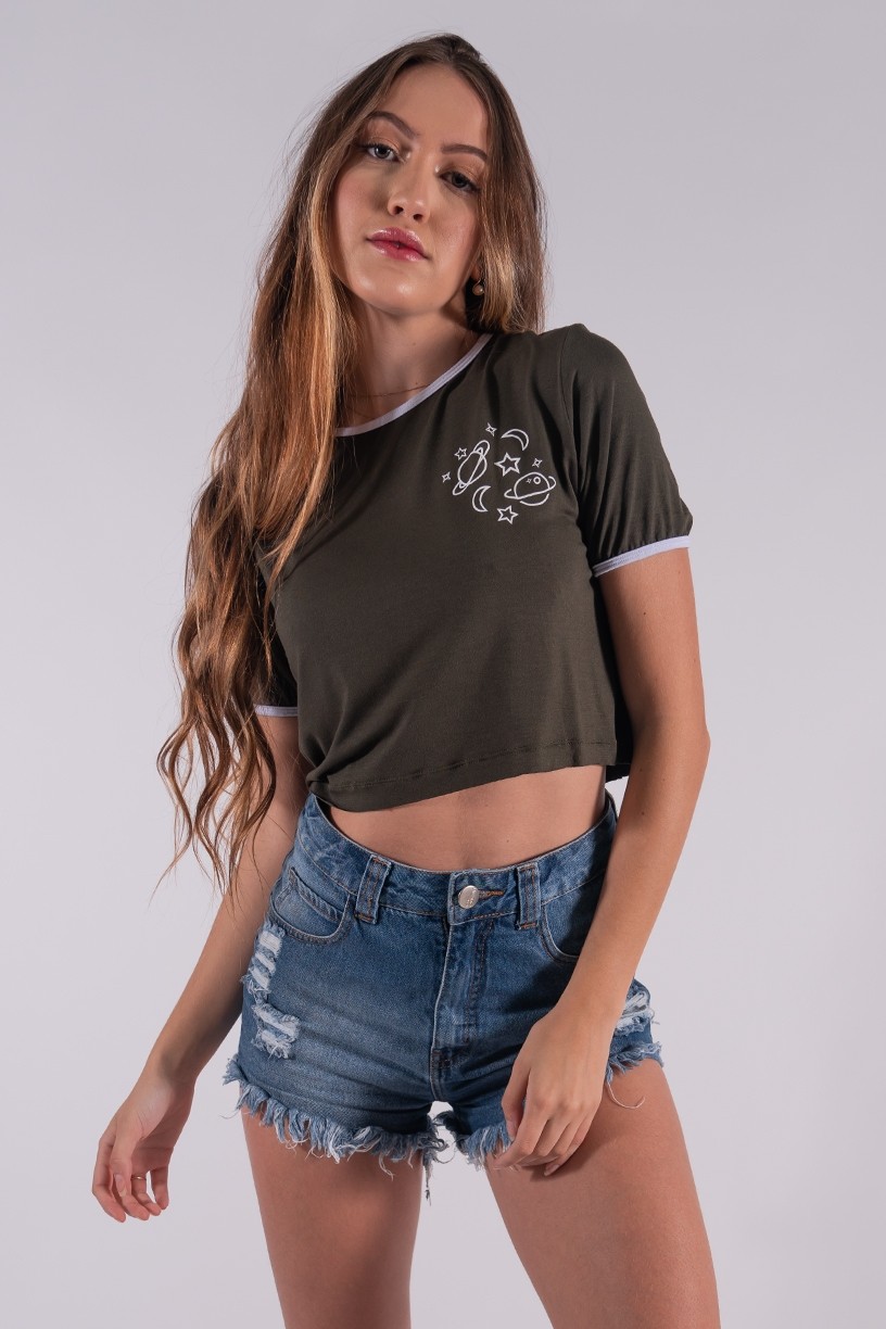 Cropped Duas Cores com Silk Planets (Verde Militar / Branco) | Ref: K2859-I