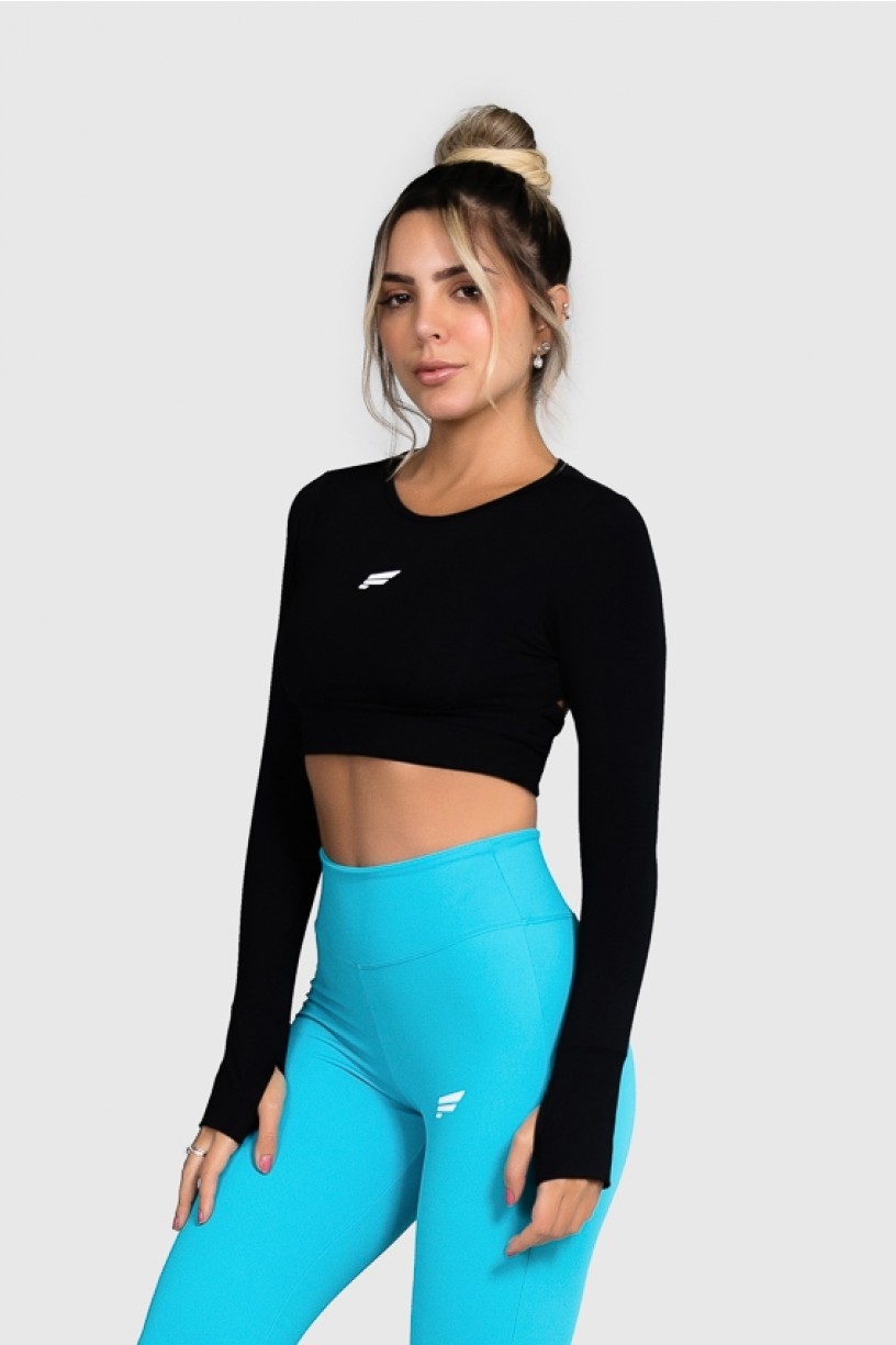 Cropped Fitness Manga Comprida com Detalhe Nas Costas (Preto) | Ref: GO78-A