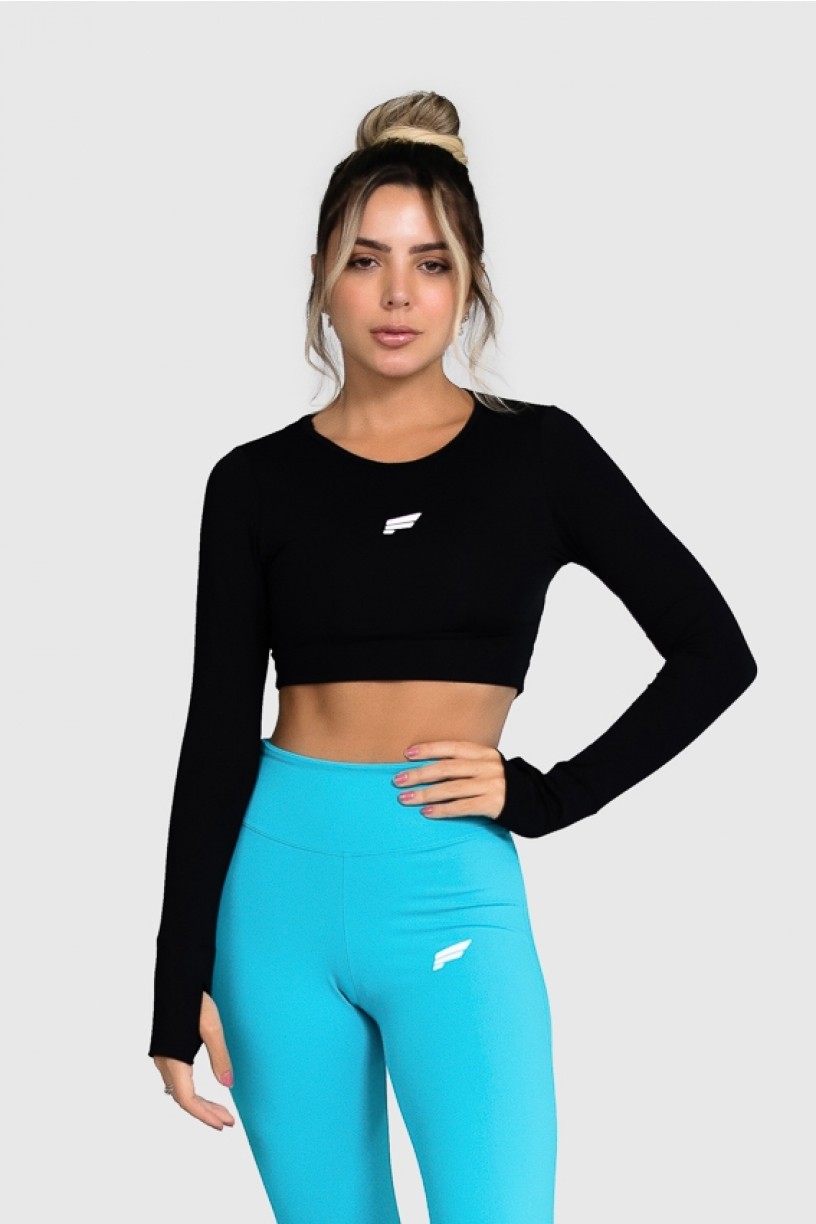 Cropped Fitness Manga Comprida com Detalhe Nas Costas (Preto) | Ref: GO78-A