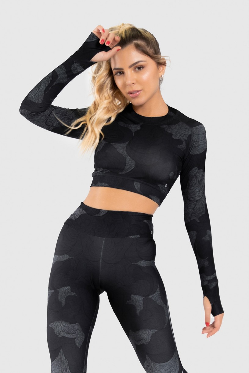 Cropped Fitness Manga Longa Dedinho Estampa Digital Abstract Waves | Ref: GO225