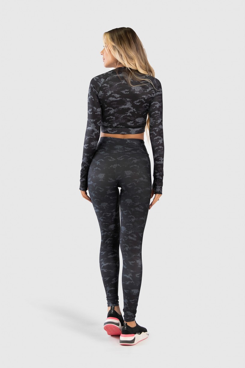 Cropped Fitness Manga Longa Dedinho Estampa Digital Camouflaged Black | Ref: GO229-A 