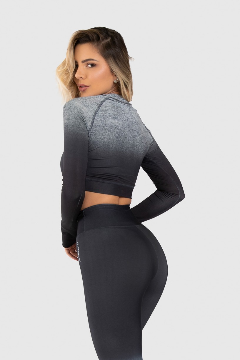 Cropped Fitness Manga Longa Dedinho Estampa Digital Gray Gradient | Ref: GO174