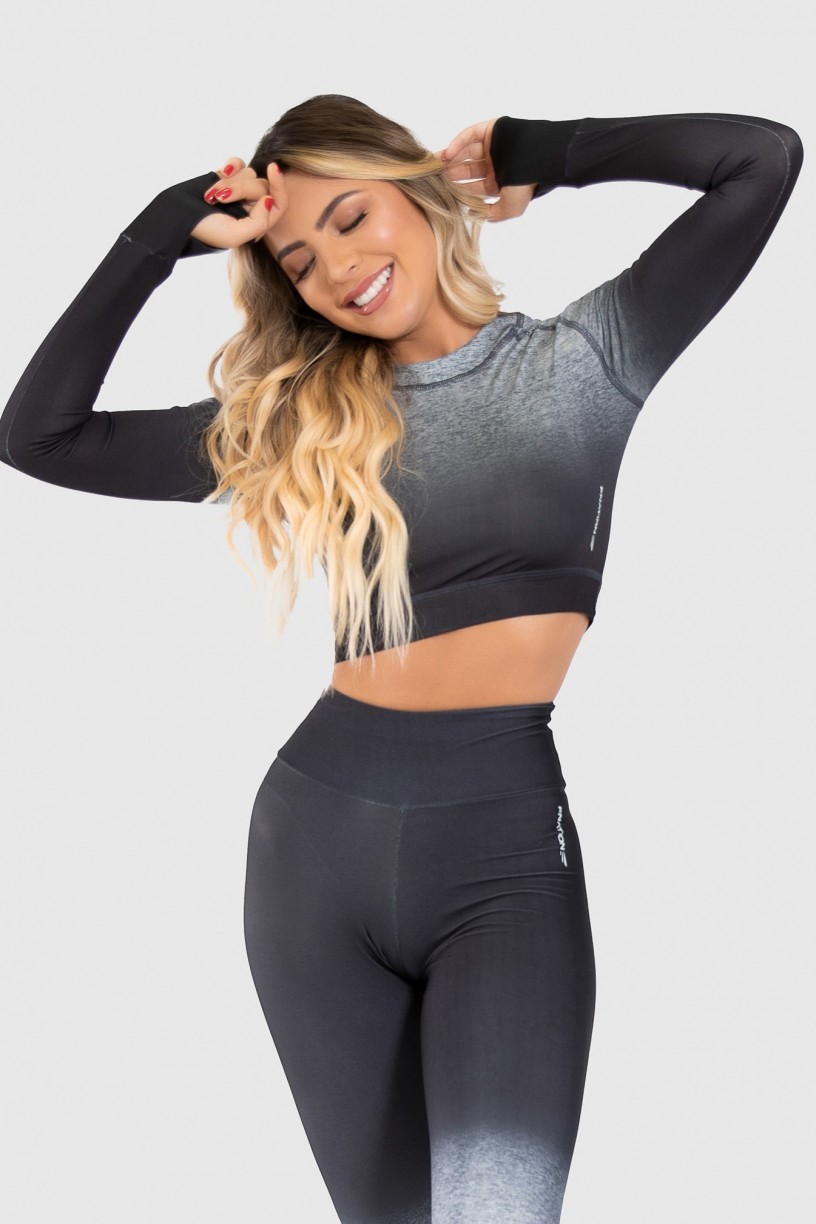 Cropped Fitness Manga Longa Dedinho Estampa Digital Gray Gradient | Ref: GO174