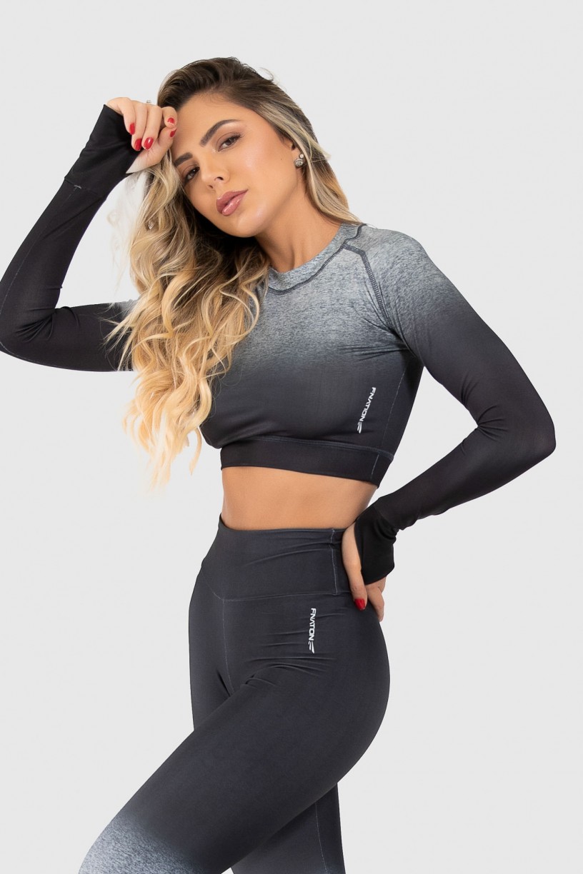 Cropped Fitness Manga Longa Dedinho Estampa Digital Gray Gradient | Ref: GO174