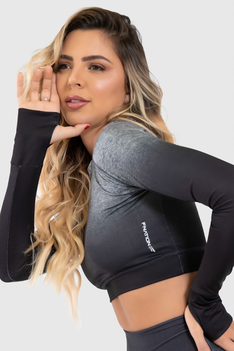 Cropped Fitness Manga Longa Dedinho Estampa Digital Gray Gradient | Ref: GO174