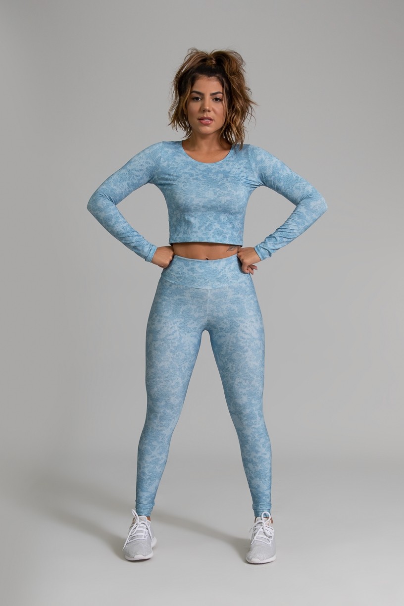 Cropped Fitness Manga Longa Estampa Digital Blue Lace | Ref: GO370