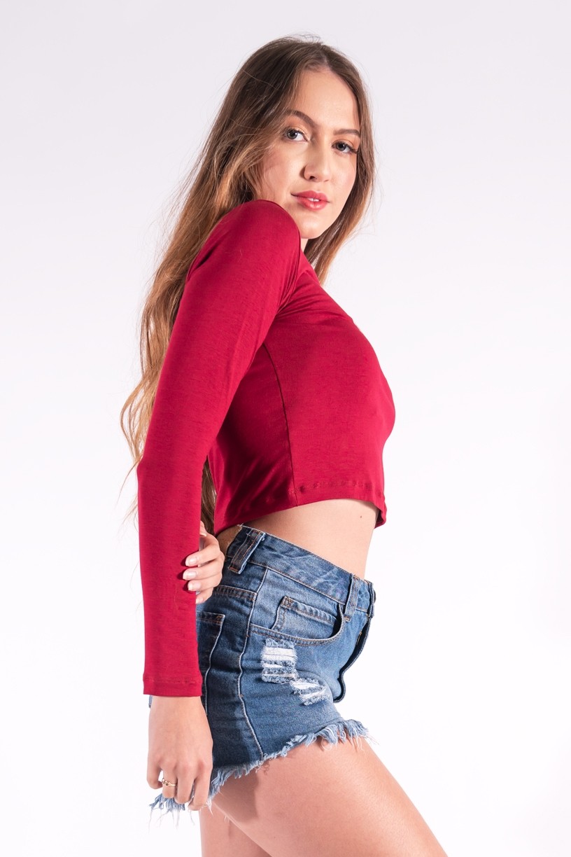 Cropped Justo de Manga Longa com Silk Penas de Índio (Vinho) | Ref: K2856-E