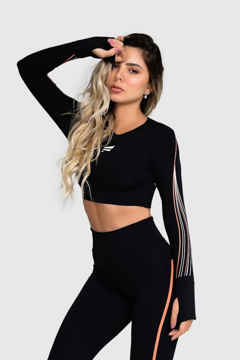 Cropped Manga Comprida Fitness com Silk Waves (Preto / Laranja Neon + Off-White) | Ref: GO77-A