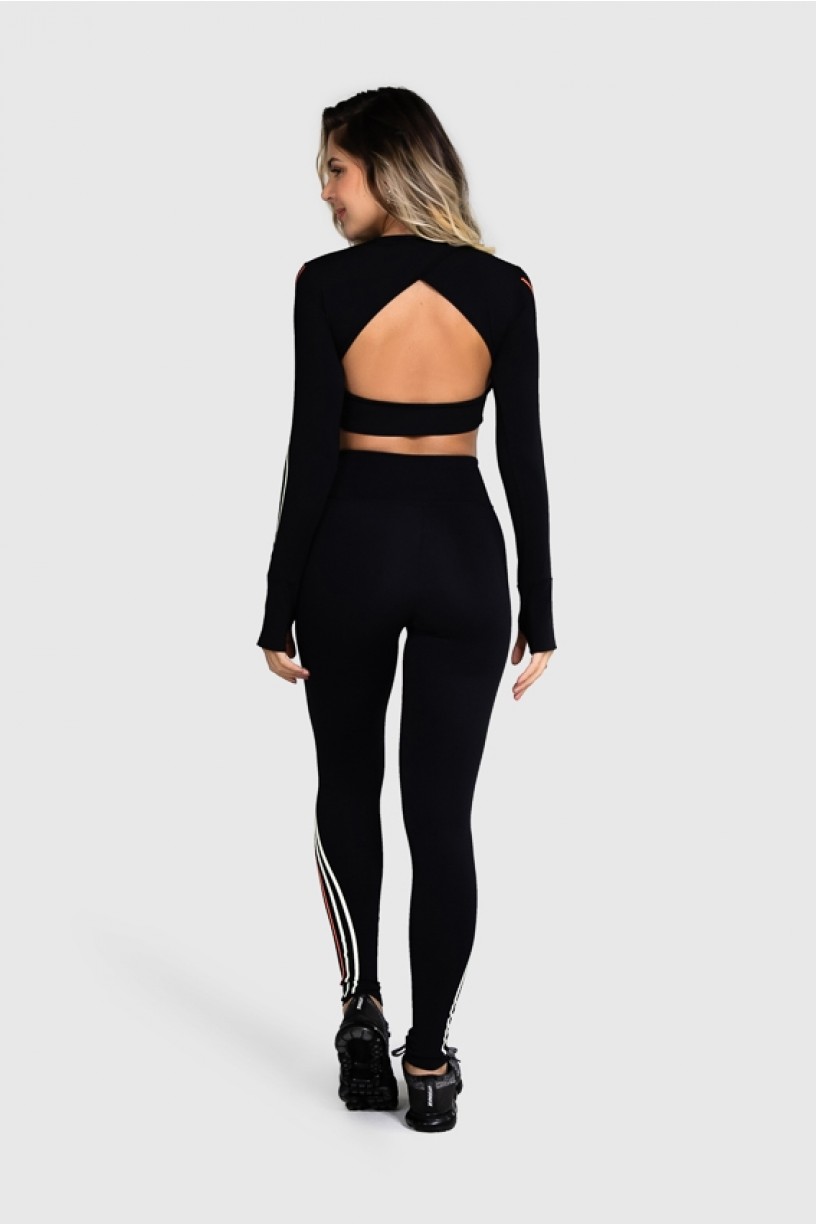 Cropped Manga Comprida Fitness com Silk Waves (Preto / Laranja Neon + Off-White) | Ref: GO77-A