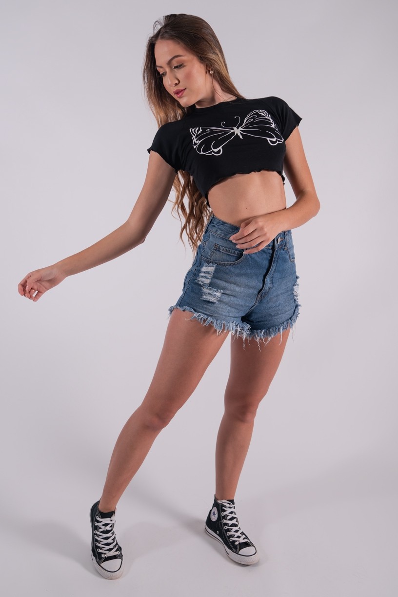 Cropped Raglan com Silk Butterfly (Preto) | Ref: K2862-A 