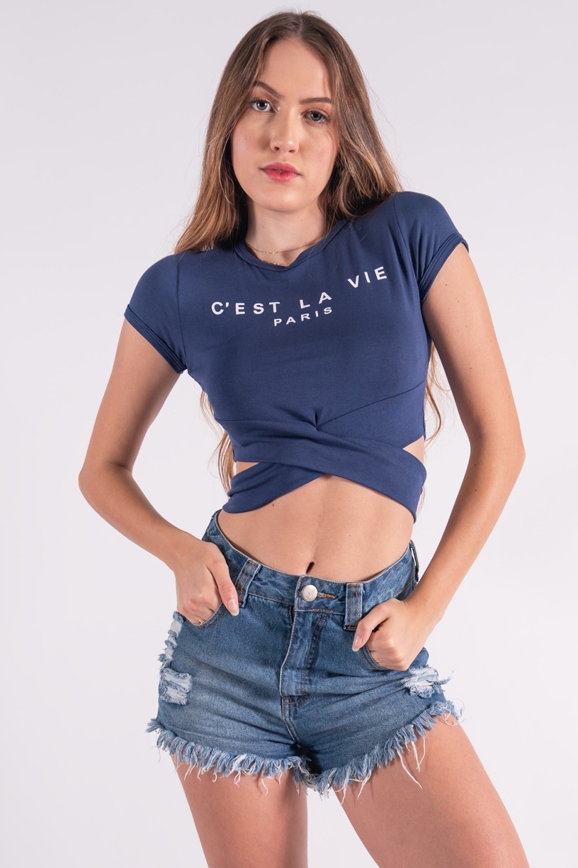 Cropped Transpassado com Silk Cest La Vie (Azul Marinho) | Ref: K2858-F