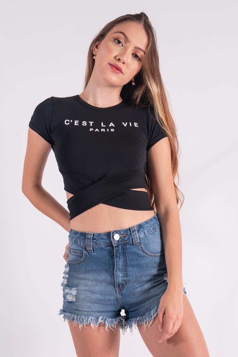 Cropped Transpassado com Silk Cest La Vie (Preto) | Ref: K2858-A