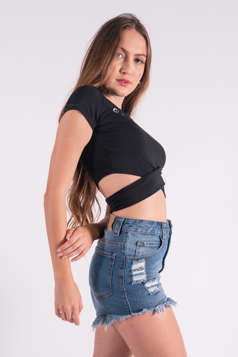 Cropped Transpassado com Silk Cest La Vie (Preto) | Ref: K2858-A