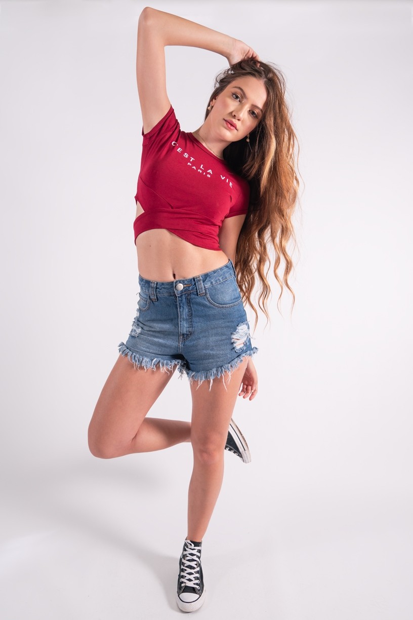 Cropped Transpassado com Silk Cest La Vie (Vinho) | Ref: K2858-E