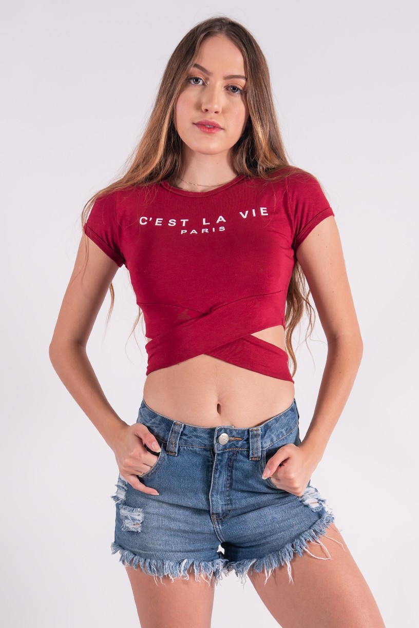 Cropped Transpassado com Silk Cest La Vie (Vinho) | Ref: K2858-E