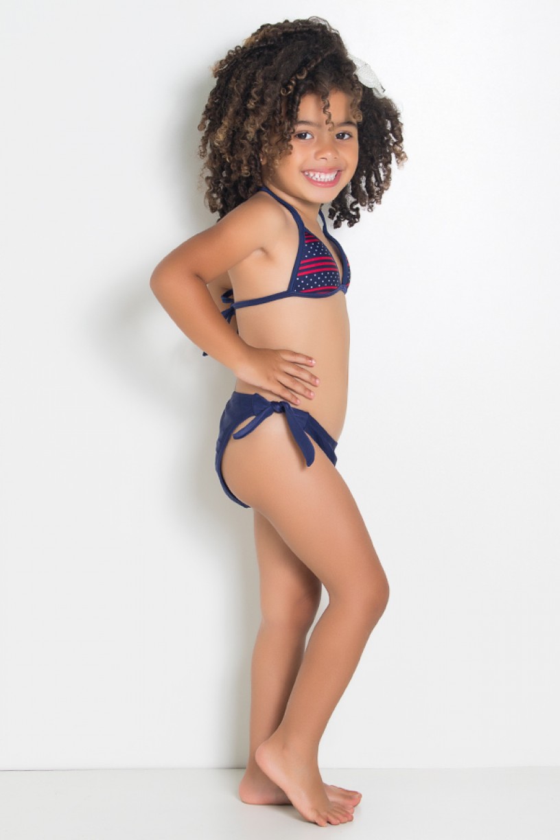 Biquini Infantil com Bojo Calcinha Lisa (Azul Marinho om Listras e Pontinhos / Azul Marinho) | Ref: DVBQ37-004