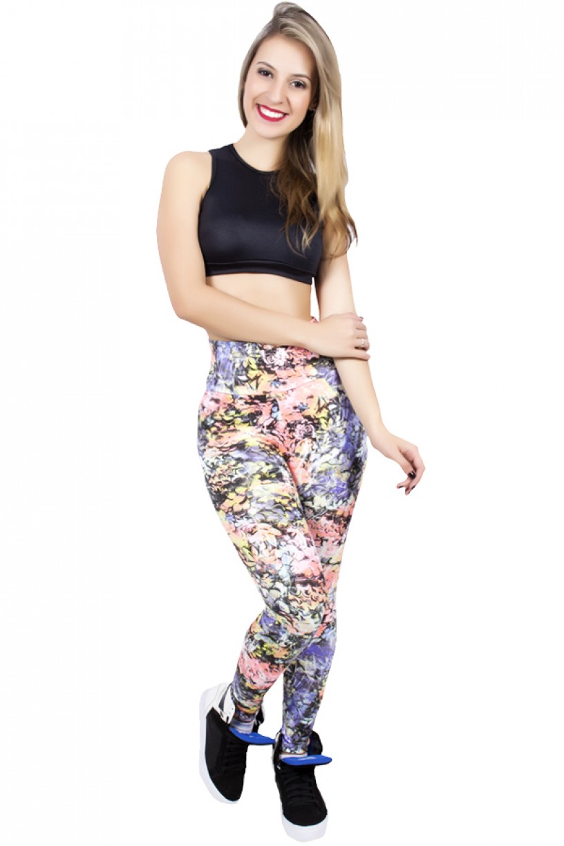 Legging Estampada Flores Salmão Roxo e Verde | Ref: CA419