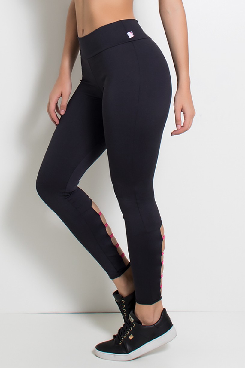 Legging Lisa com Detalhe no Tornozelo (Preto / Rosa Pink) | Ref: KS-F1136-002