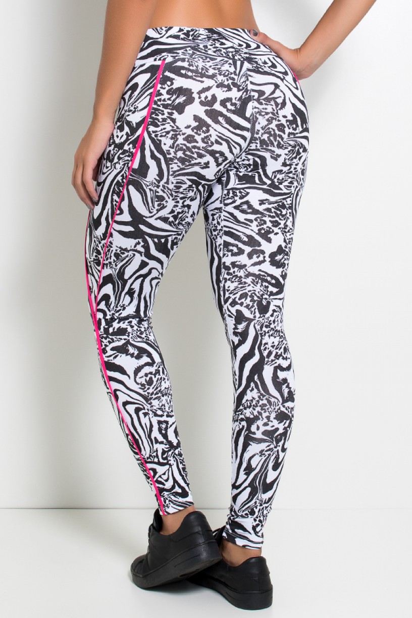 Legging Estampada Cós Médio com Vivo (Tigre Preto e Branco / Rosa Pink) | Ref: KS-F1164-001