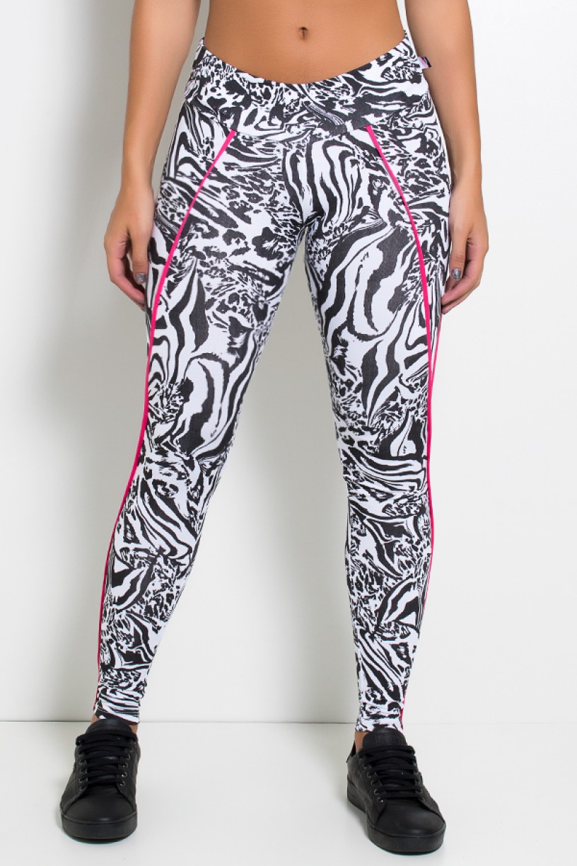 Legging Estampada Cós Médio com Vivo (Tigre Preto e Branco / Rosa Pink) | Ref: KS-F1164-001