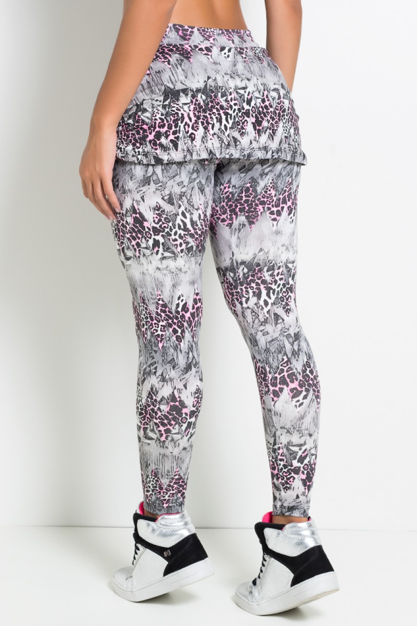 Calça Legging Saia Franzida (Cinza com Oncinha Rosa) | Ref: KS-F122-006