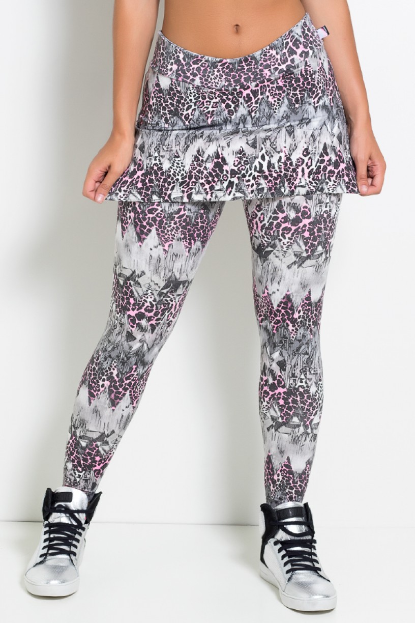 Calça Legging Saia Franzida (Cinza com Oncinha Rosa) | Ref: KS-F122-006