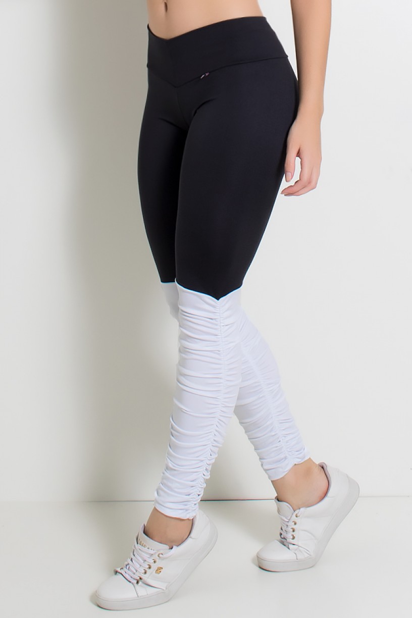 Calça Legging Duas Cores com Perna Franzida (Preto / Branco) | Ref: KS-F1792-001