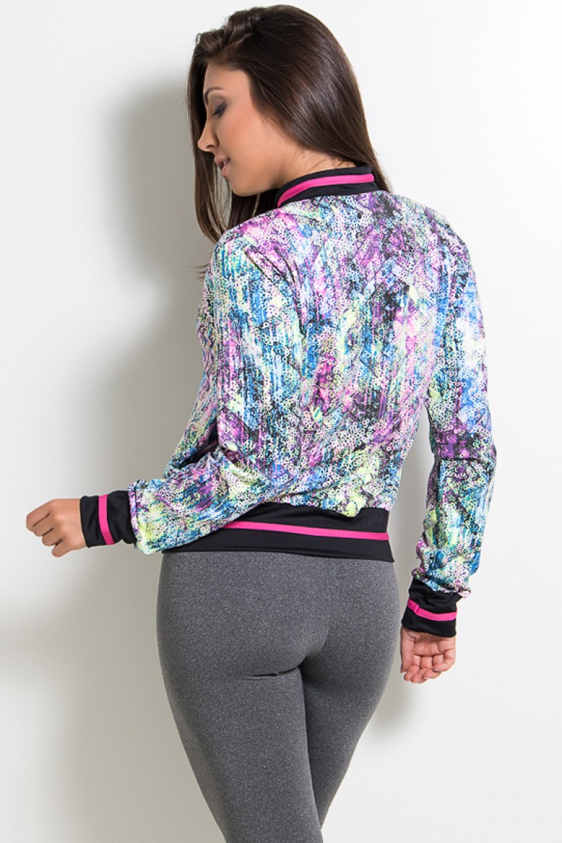 Jaqueta Estampada com Bolso e Detalhe Liso (Mosaico e Bolinhas Coloridas) | Ref: KS-F1815-001 