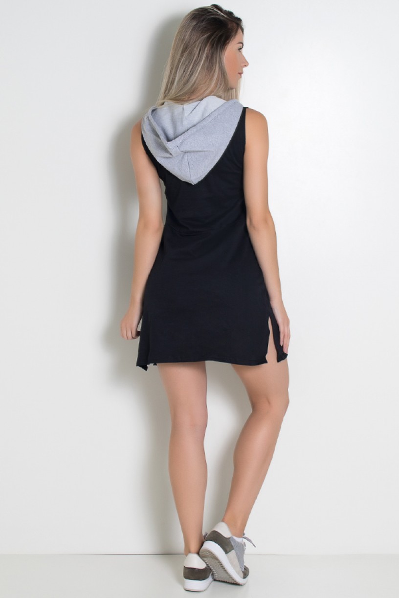 Vestido de Moletim com Bolso e Capuz (Preto / Cinza) | Ref: KS-F1874-001