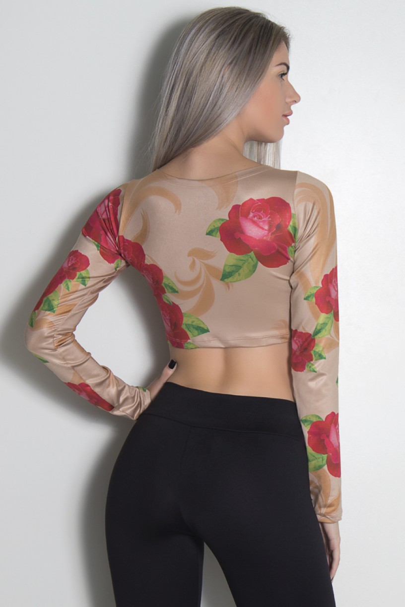 Cropped Manga Longa Rosas Vermelhas Sublimado | Ref: KS-F1889-001