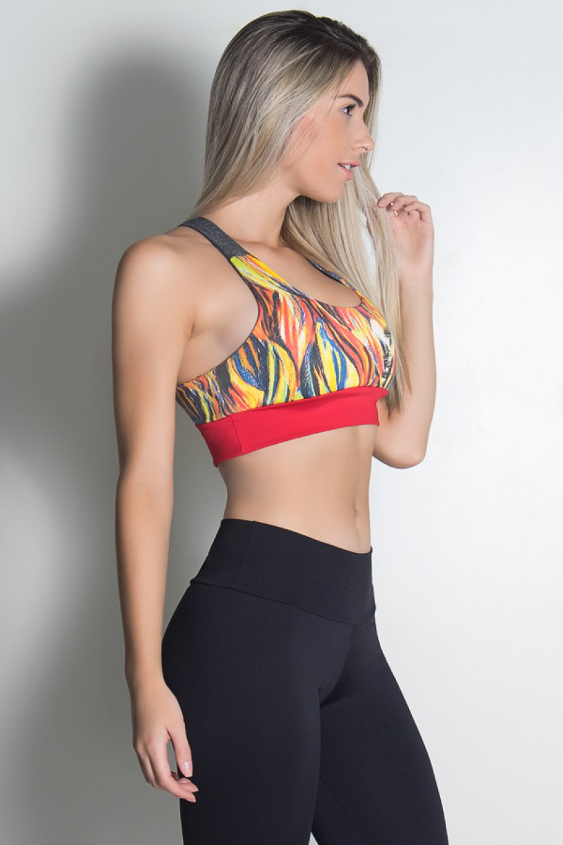 Top Estampado com Cós Liso e Alça Mescla (Abstrato Fluor 3 / Vermelho / Mescla) | Ref: KS-F1906-001