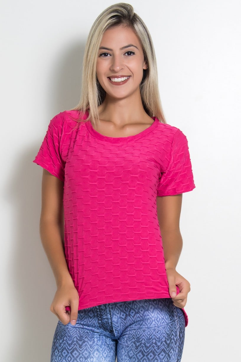 Camiseta Tecido Bolha Fitness Mullet (Rosa Pink) | Ref: KS-F199-002