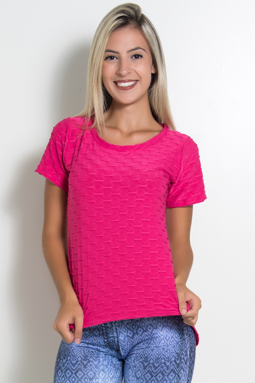 Camiseta Tecido Bolha Fitness Mullet (Rosa Pink) | Ref: KS-F199-002