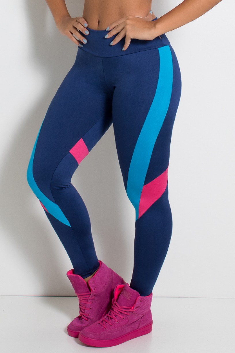Legging Três Cores com Recortes nas Pernas (Azul Marinho / Azul Celeste / Rosa Pink) | Ref: KS-F2015-002