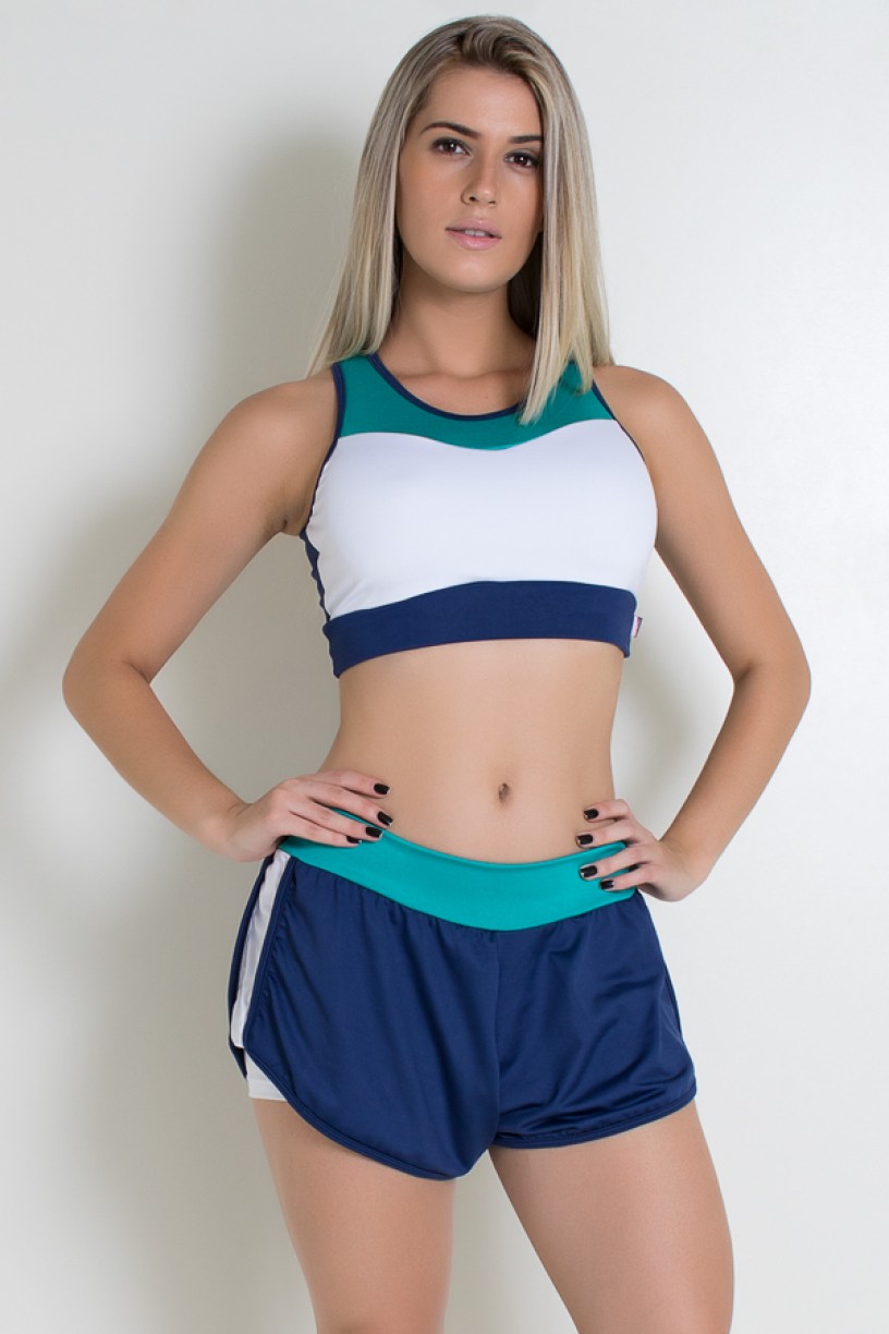 Cropped Três Cores com Abertura nas Costas (Branco / Azul Marinho / Verde Esmeralda) | Ref: KS-F2041-001