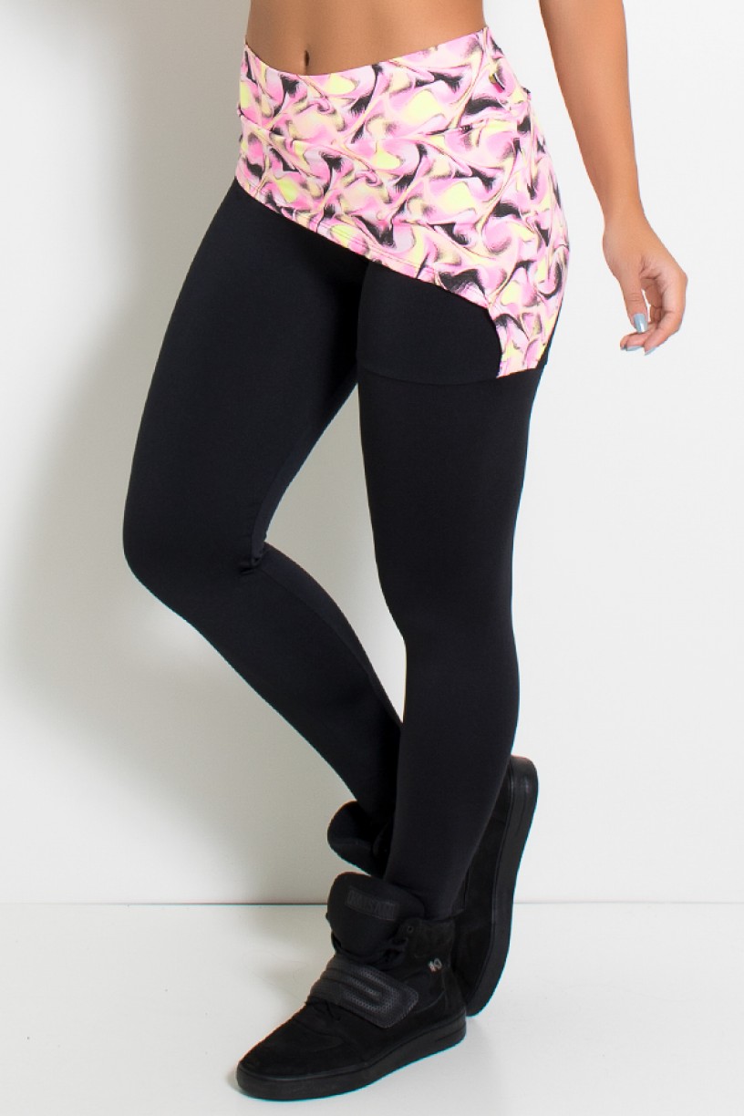 Legging Lisa com Tapa Bumbum Estampado (Preto / Mescla Preto Salmão e Amarelo) | Ref: KS-F205-001