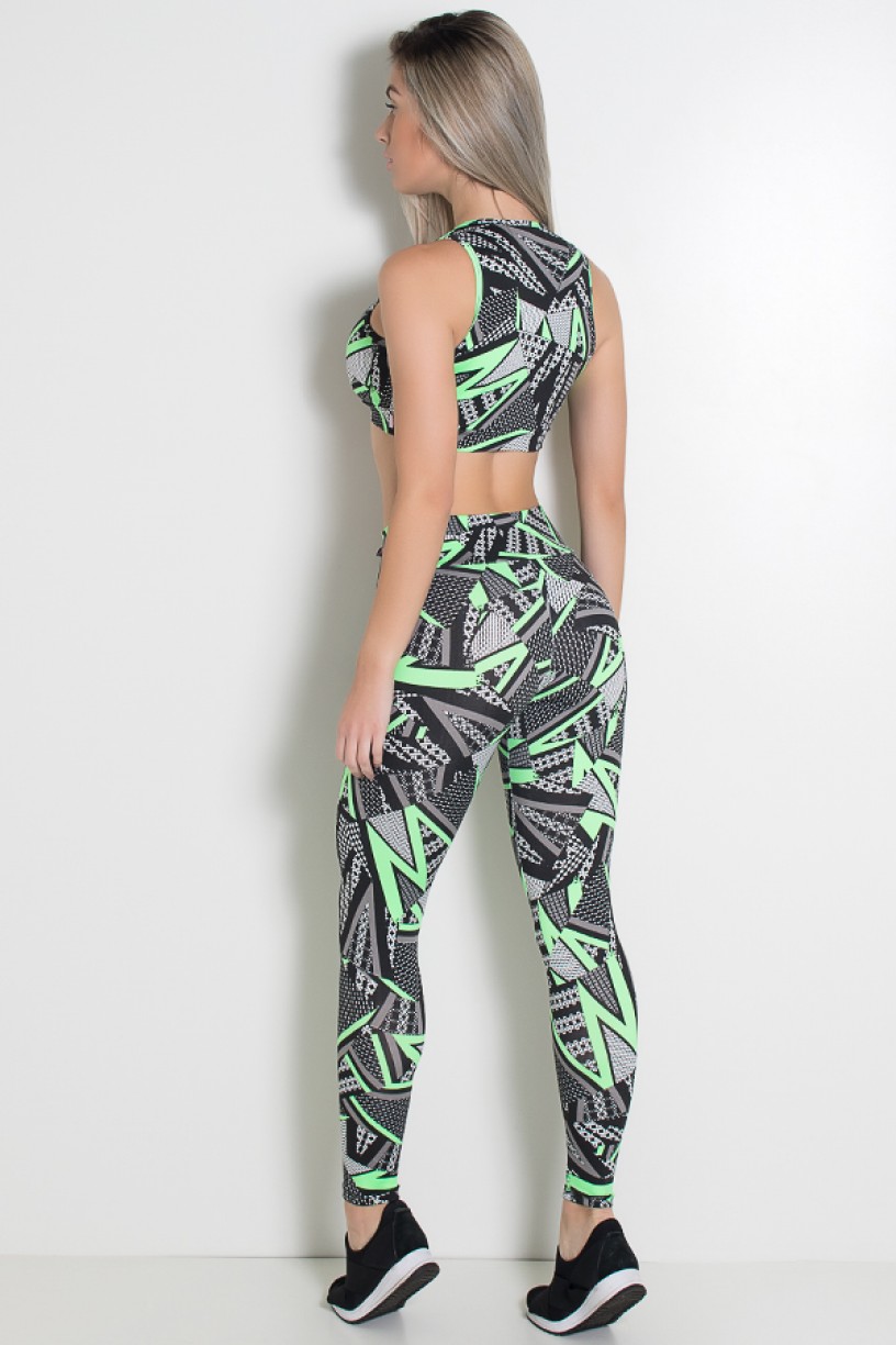 Conjunto Estampado Cropped Anamara + Legging Cós Baixo (Traços Verdes com Figuras) | Ref: KS-F2153-001