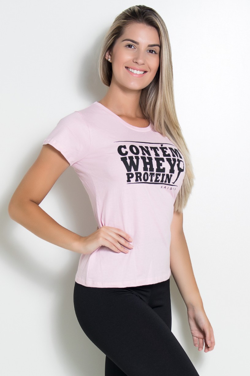 Camiseta Feminina Contém Whey Protein (Rosa) | Ref: KS-F224-001