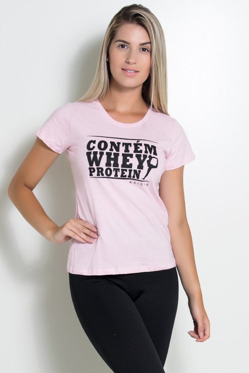 Camiseta Feminina Contém Whey Protein (Rosa) | Ref: KS-F224-001