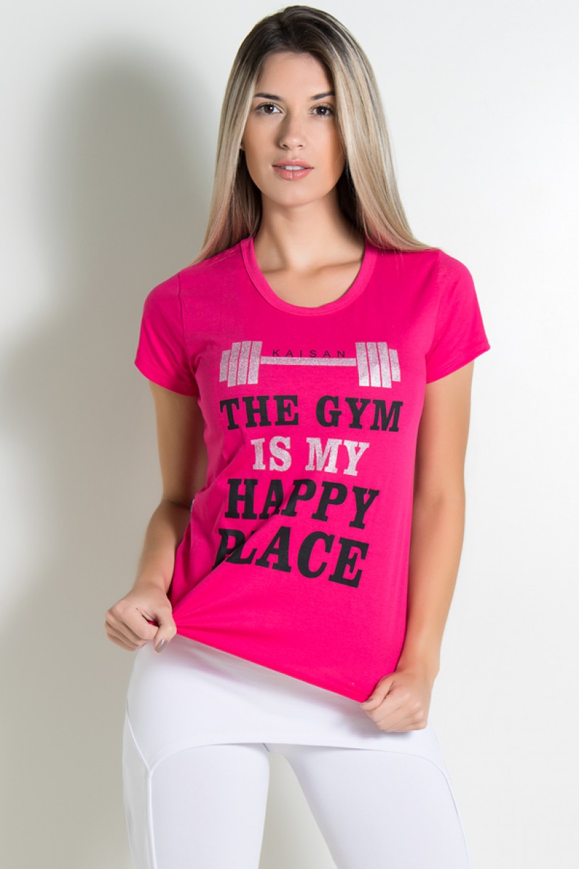 Camiseta Feminina (The Gym is my Happy Place) (Rosa Pink) | Ref: KS-F230-003
