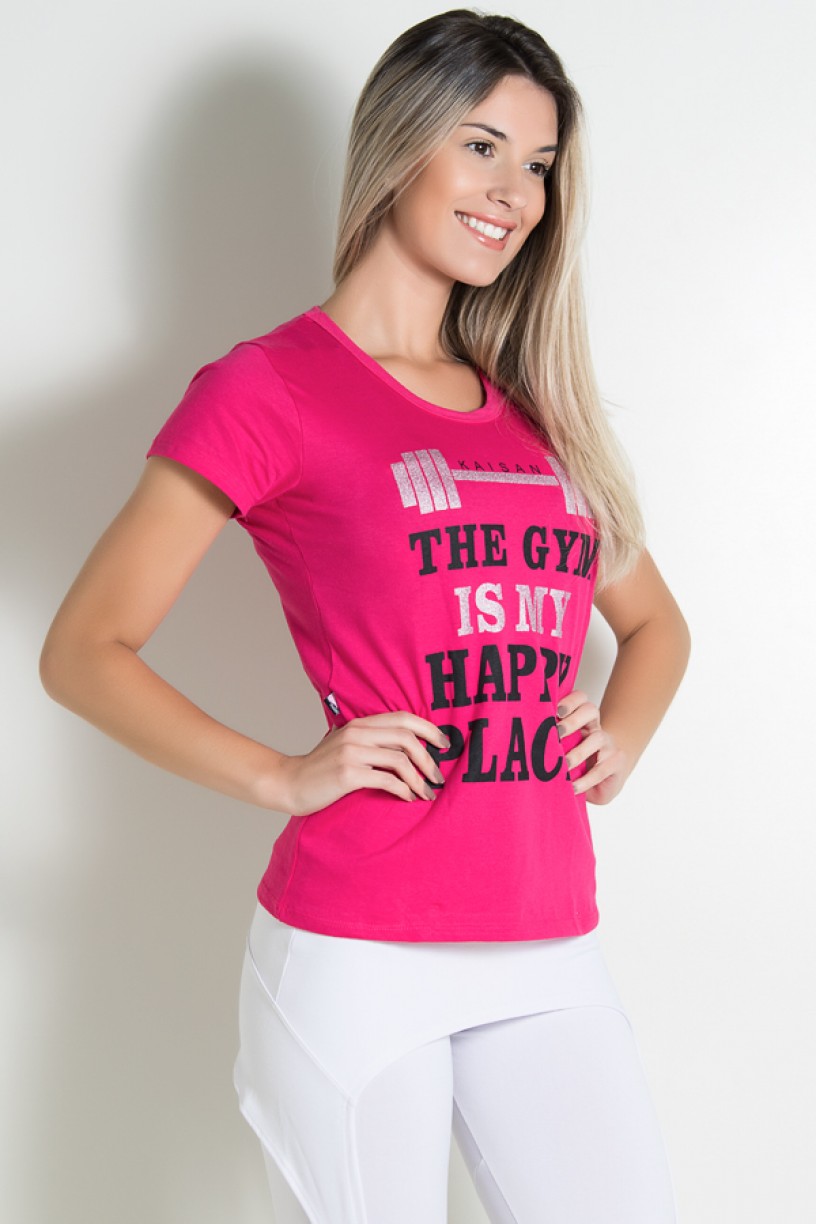 Camiseta Feminina (The Gym is my Happy Place) (Rosa Pink) | Ref: KS-F230-003