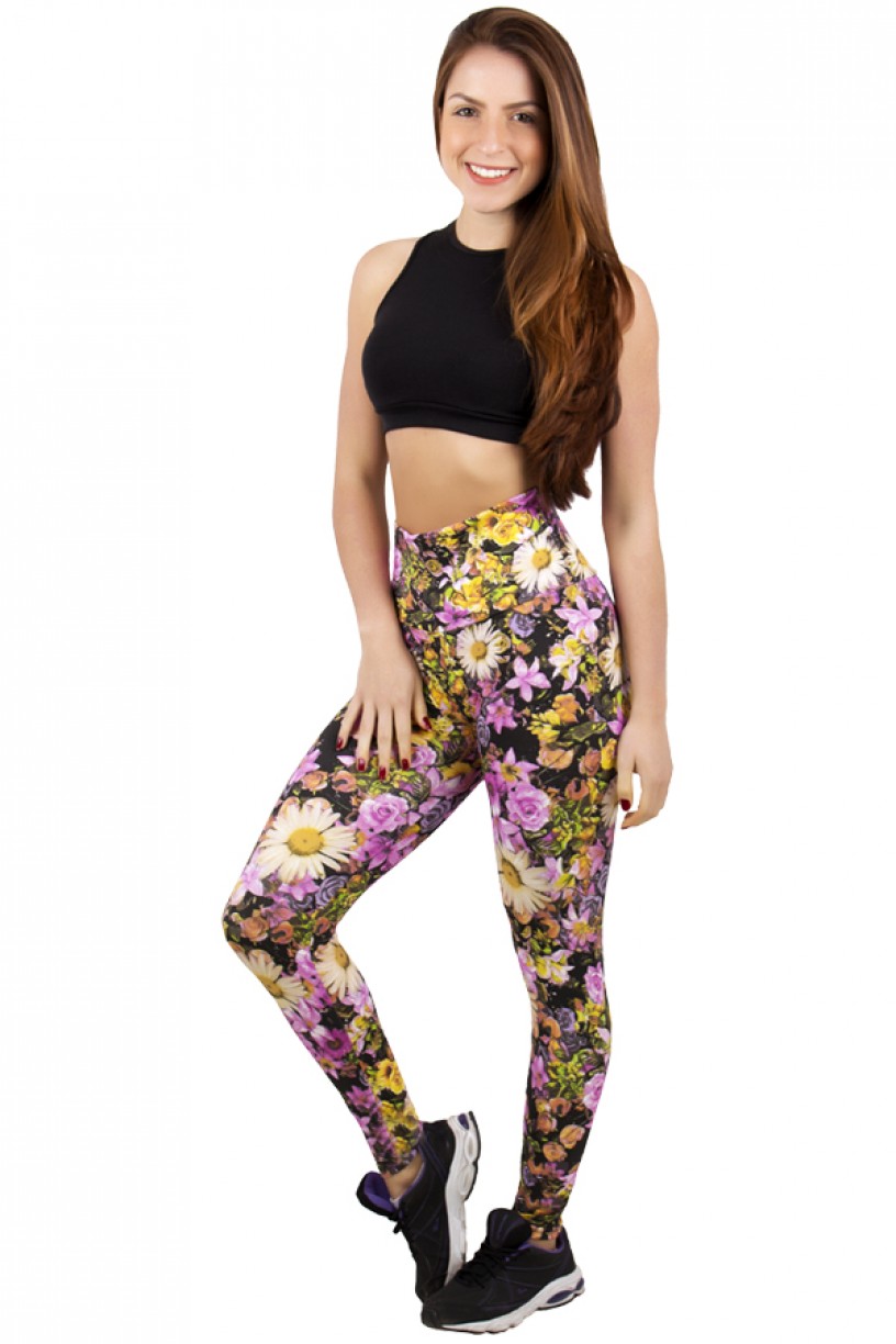 Legging Estampada Floral Lilás e Amarelo