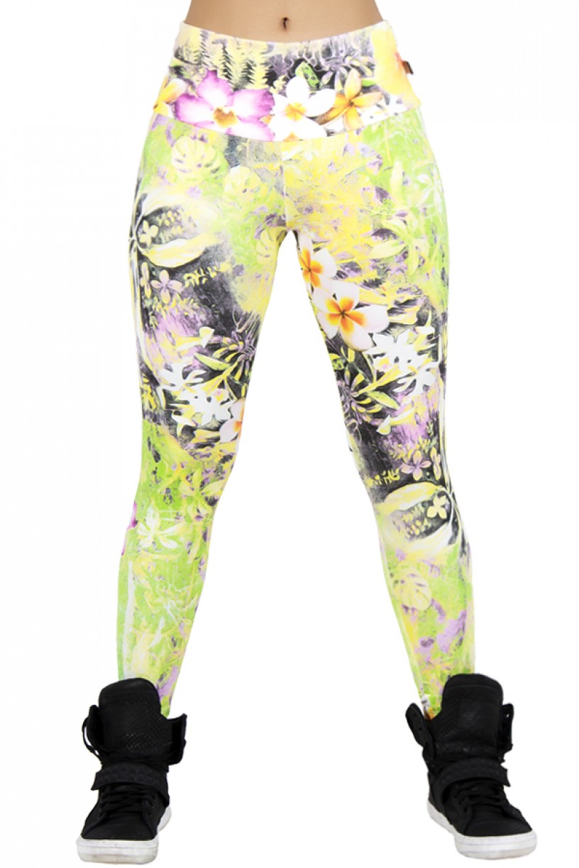 Legging Estampada Flor Branca e Laranja com Folha Verde e Amarela | Ref: CA165 
